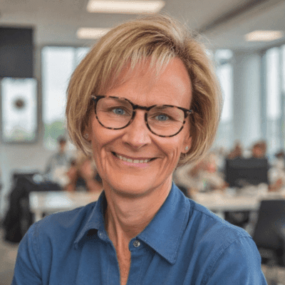 Smiling adult with short blonde hair and glasses.